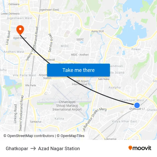 Ghatkopar to Azad Nagar Station map
