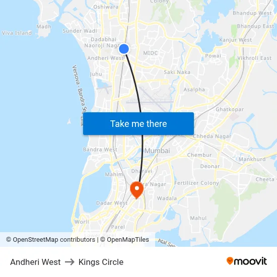 Andheri West to Kings Circle map