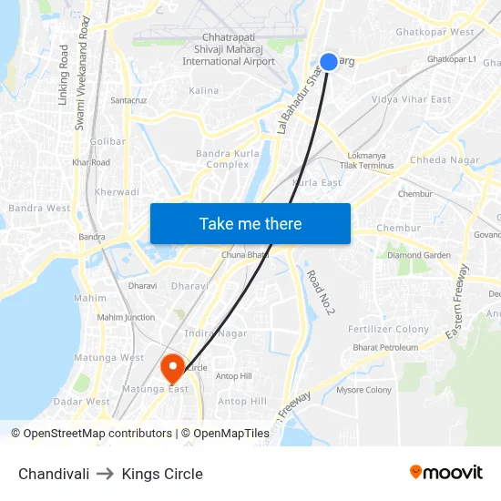 Chandivali to Kings Circle map