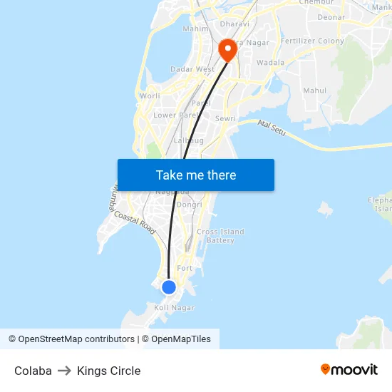 Colaba to Kings Circle map