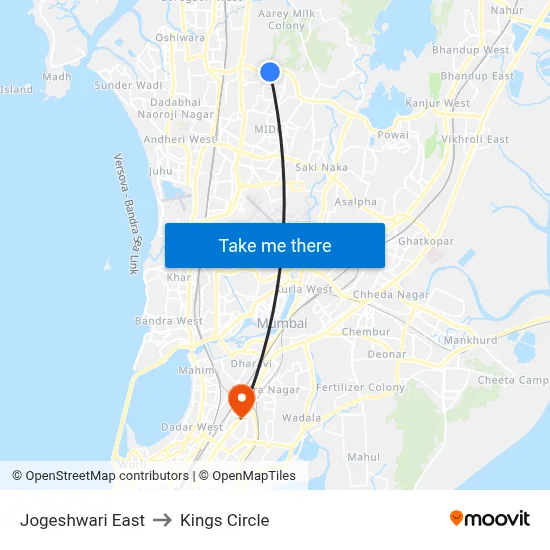 Jogeshwari East to Kings Circle map