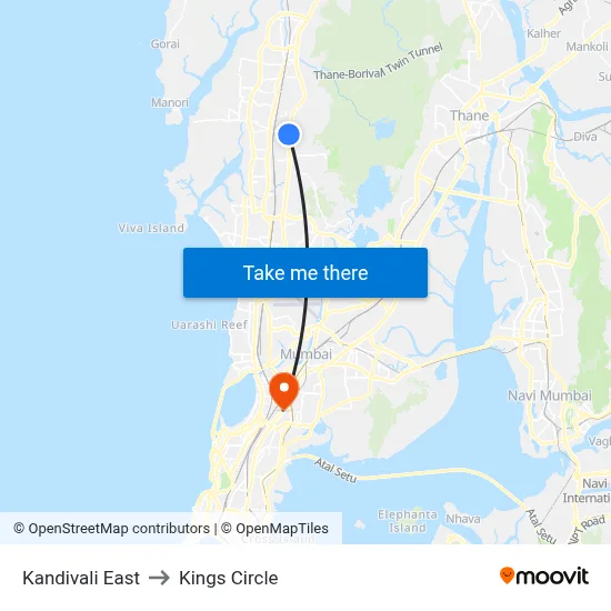 Kandivali East to Kings Circle map