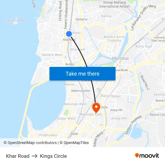 Khar Road to Kings Circle map