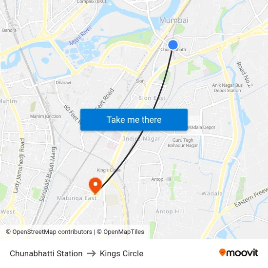 Chunabhatti Station to Kings Circle map