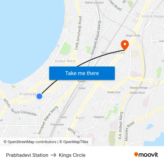 Prabhadevi Station to Kings Circle map
