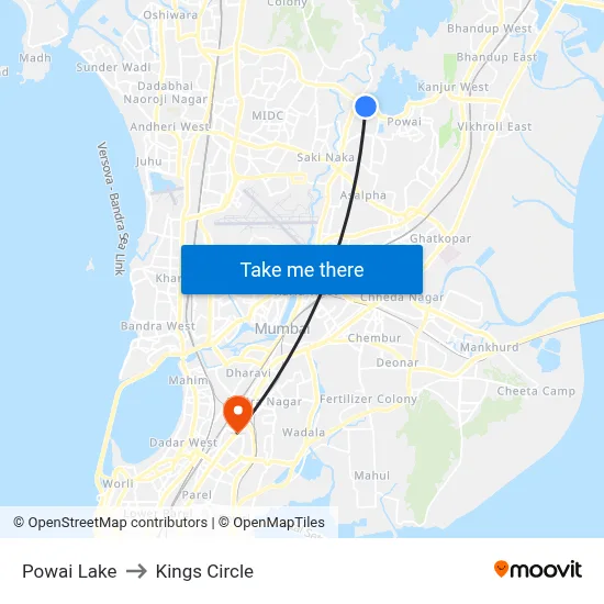 Powai Lake to Kings Circle map