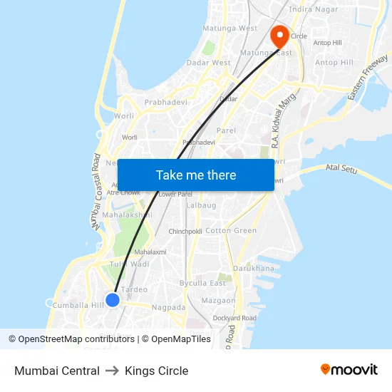 Mumbai Central to Kings Circle map