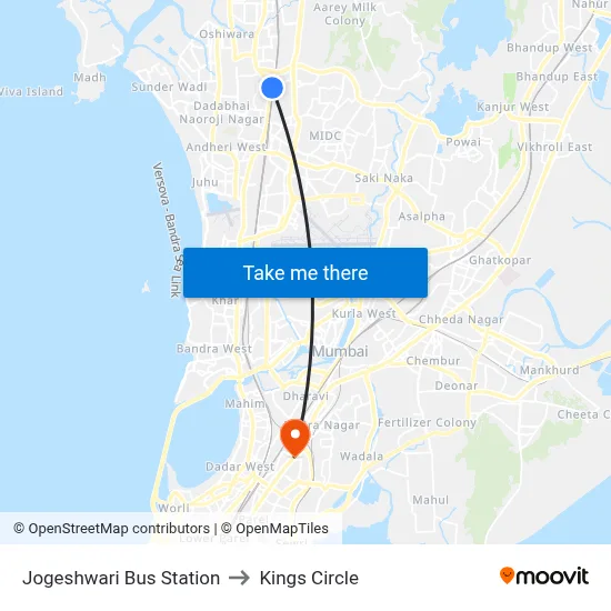 Jogeshwari Bus Station to Kings Circle map