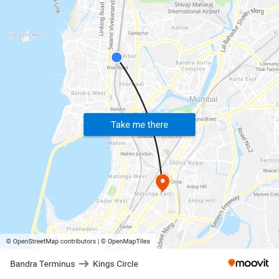 Bandra Terminus to Kings Circle map