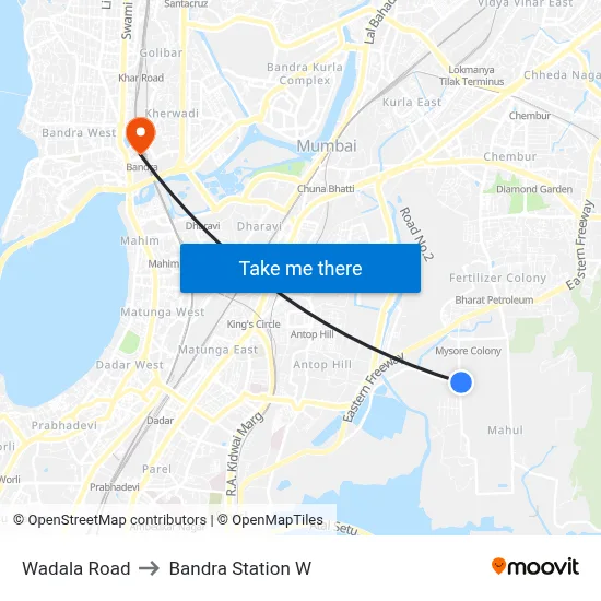 Wadala Road to Bandra Station W map