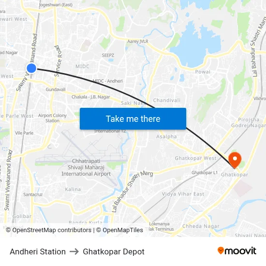 Andheri Station to Ghatkopar Depot map