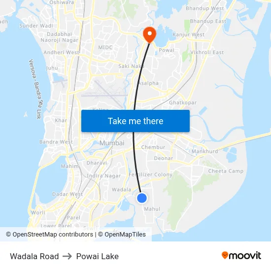 Wadala Road to Powai Lake map
