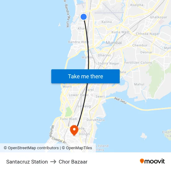 Santacruz Station to Chor Bazaar map