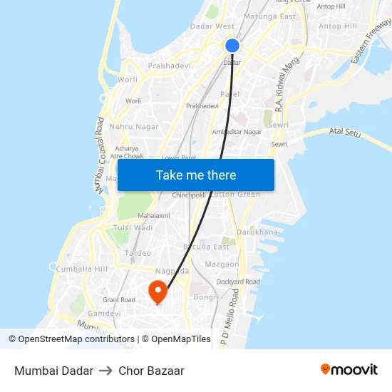 Mumbai Dadar to Chor Bazaar map