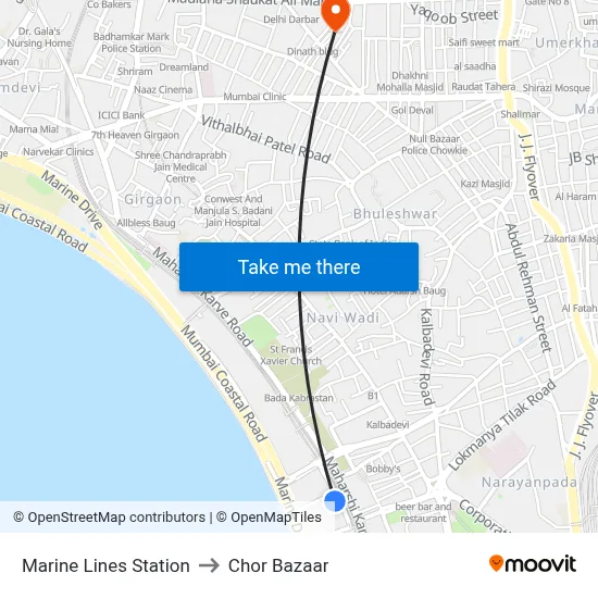 Marine Lines Station to Chor Bazaar map