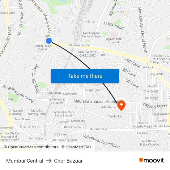 Mumbai Central to Chor Bazaar map
