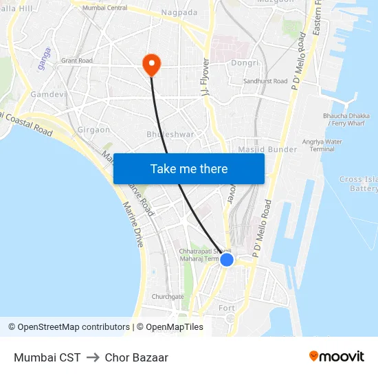 Mumbai CST to Chor Bazaar map
