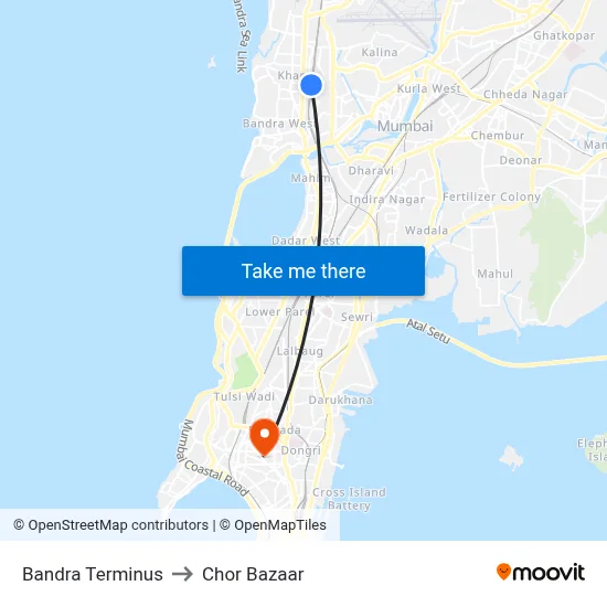 Bandra Terminus to Chor Bazaar map