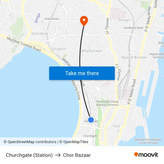 Churchgate (Station) to Chor Bazaar map