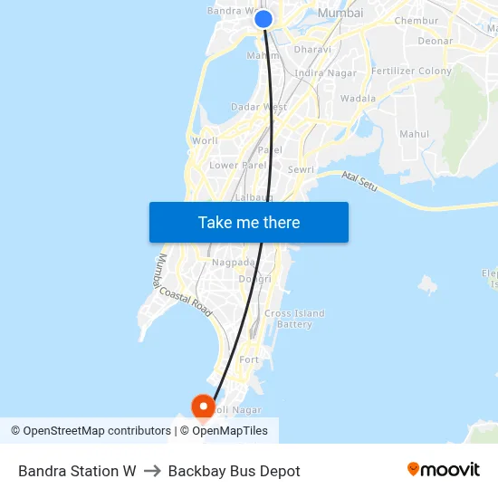 Bandra Station W to Backbay Bus Depot map