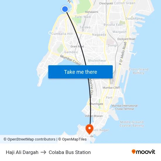 Haji Ali Dargah to Colaba Bus Station map