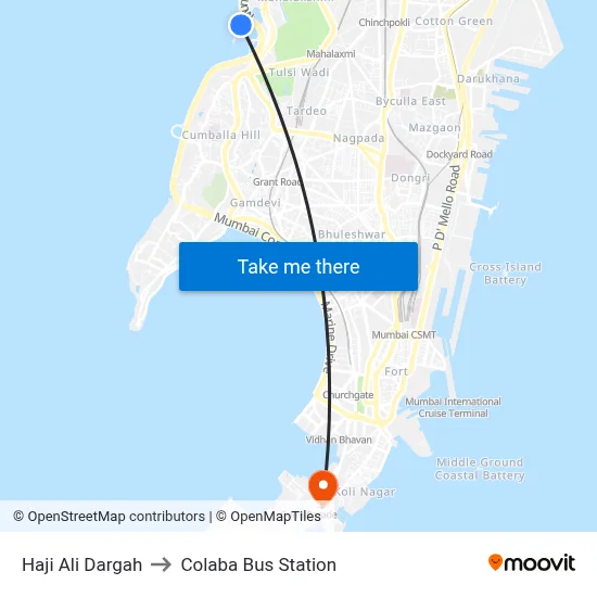 Haji Ali Dargah to Colaba Bus Station map
