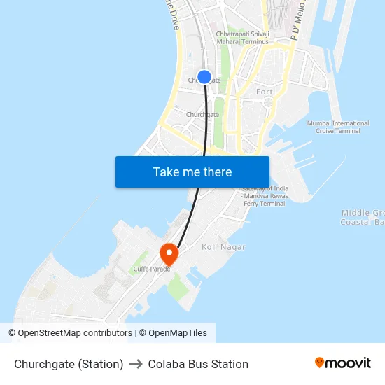Churchgate (Station) to Colaba Bus Station map
