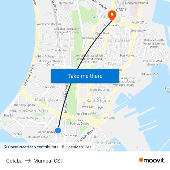 Colaba to Mumbai CST map