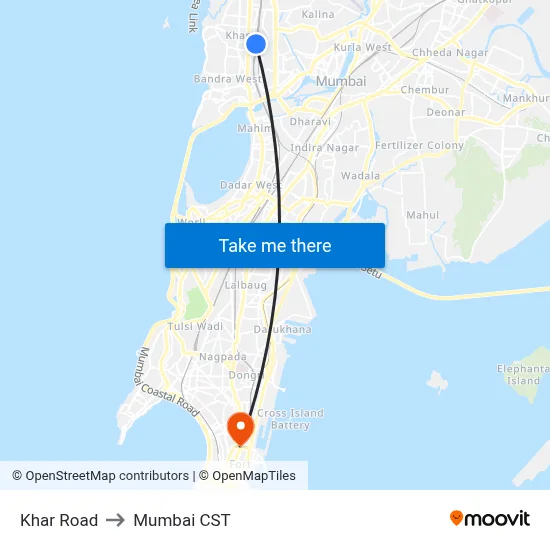 Khar Road to Mumbai CST map