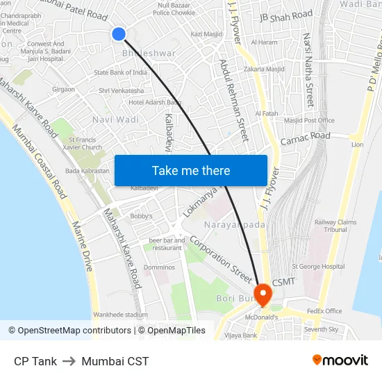 CP Tank to Mumbai CST map