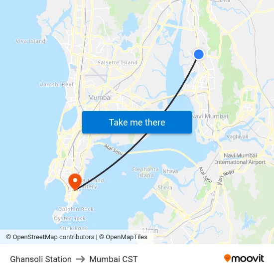 Ghansoli Station to Mumbai CST map