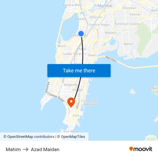 Mahim to Azad Maidan map