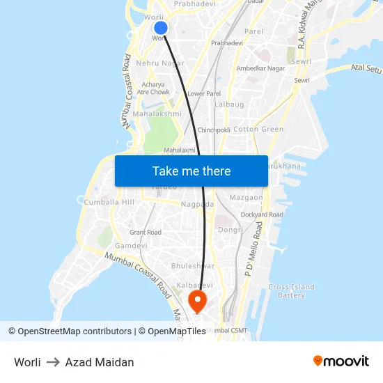 Worli to Azad Maidan map