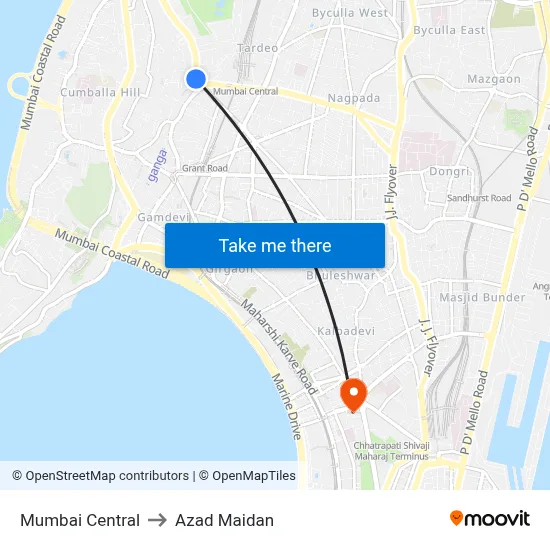 Mumbai Central to Azad Maidan map
