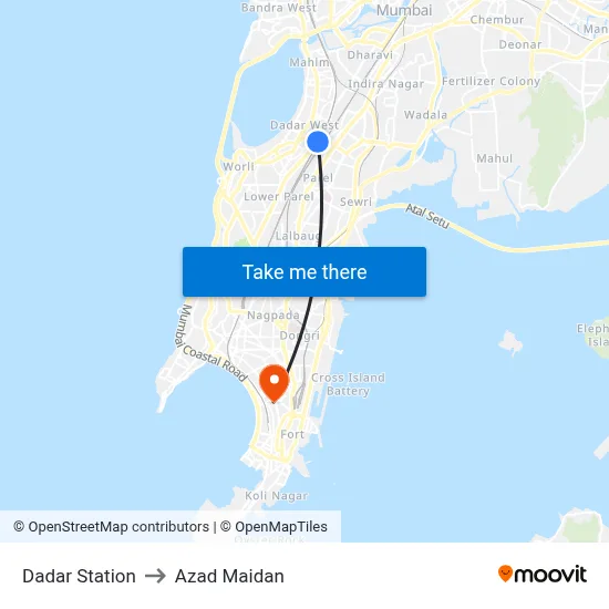 Dadar Station to Azad Maidan map