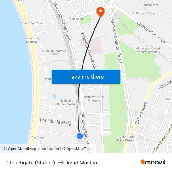 Churchgate (Station) to Azad Maidan map