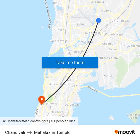 Chandivali to Mahalaxmi Temple map