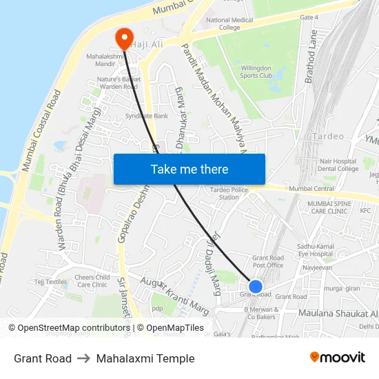 Grant Road to Mahalaxmi Temple map