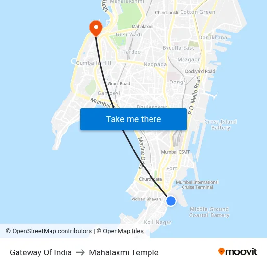 Gateway Of India to Mahalaxmi Temple map
