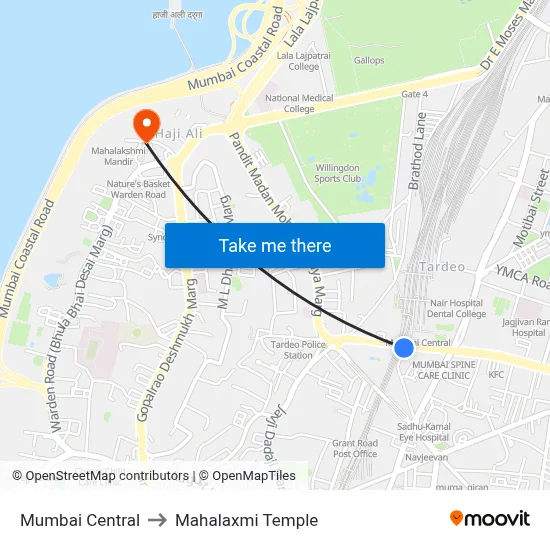Mumbai Central to Mahalaxmi Temple map