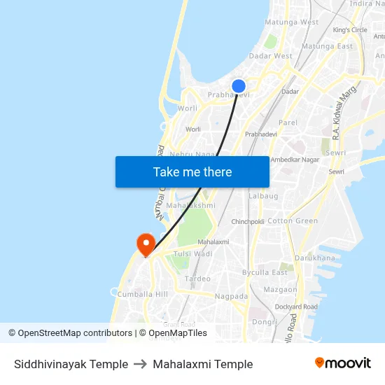 Siddhivinayak Temple to Mahalaxmi Temple map