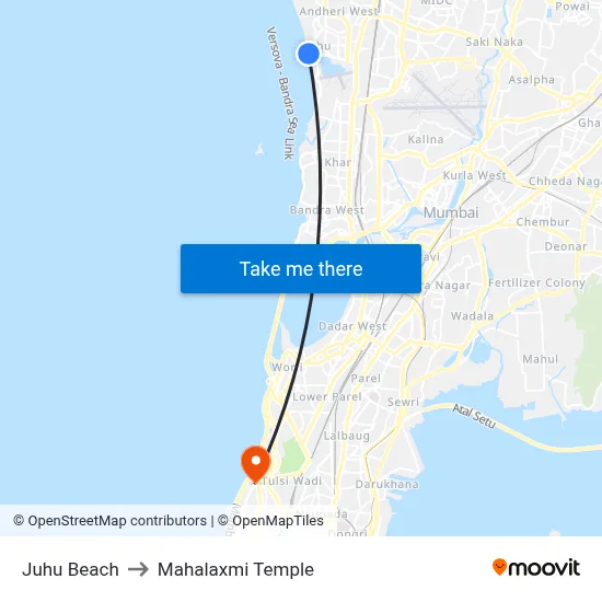 Juhu Beach to Mahalaxmi Temple map