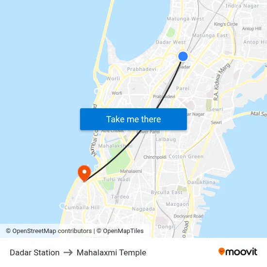 Dadar Station to Mahalaxmi Temple map