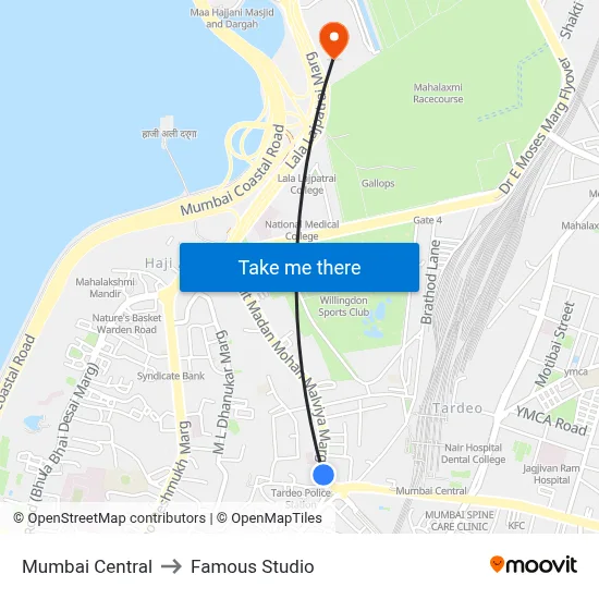 Mumbai Central to Famous Studio map