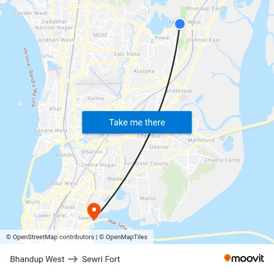 Bhandup West to Sewri Fort map