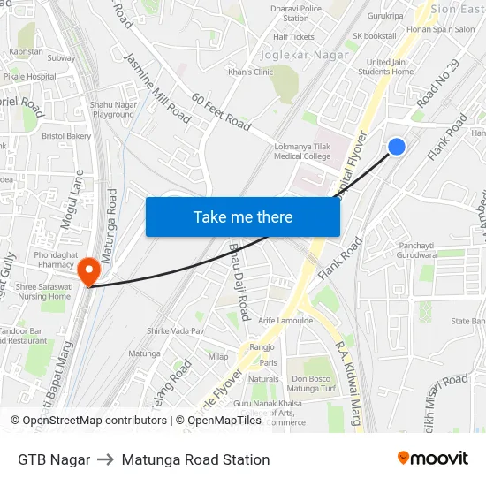 GTB Nagar to Matunga Road Station map