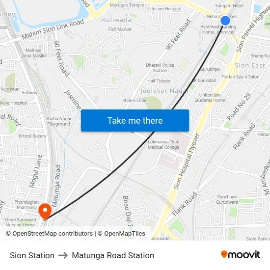 Sion Station to Matunga Road Station map