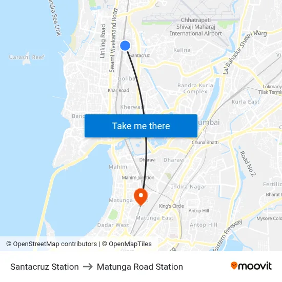 Santacruz Station to Matunga Road Station map