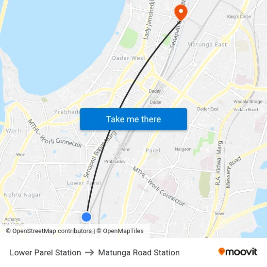 Lower Parel Station to Matunga Road Station map