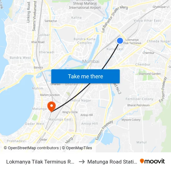 Lokmanya Tilak Terminus Road to Matunga Road Station map